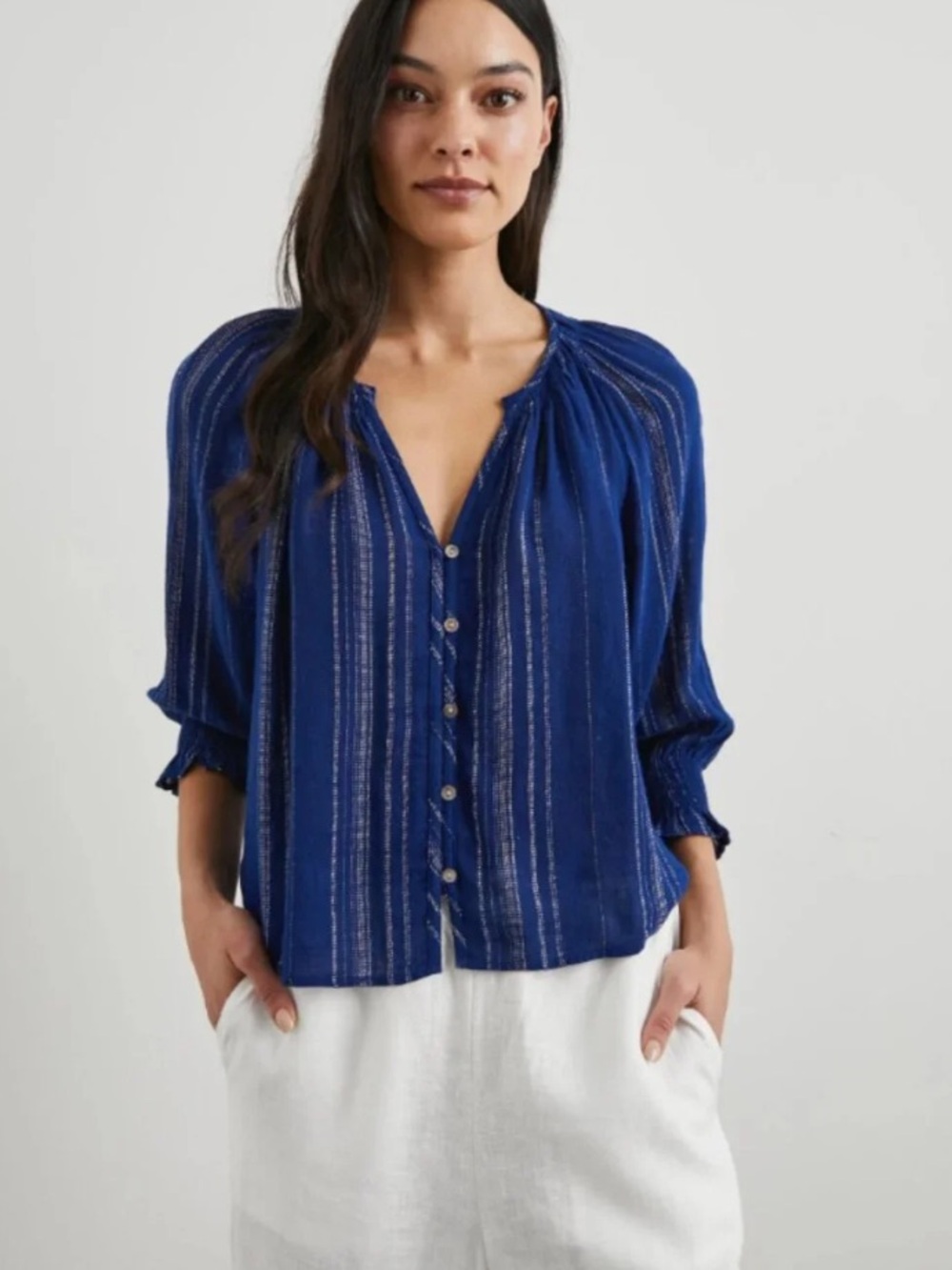 Rails Mariah Top Noja Stripe Linen Blend Shell Button Peasant Blouse Size XS